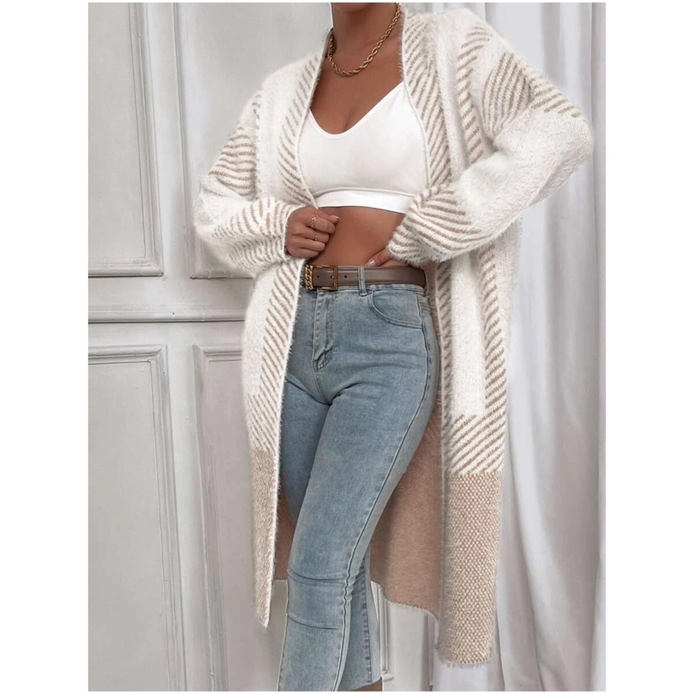Cozy Color Block Stripes Fuzzy Open Front Cardigan - Picture 3 of 12